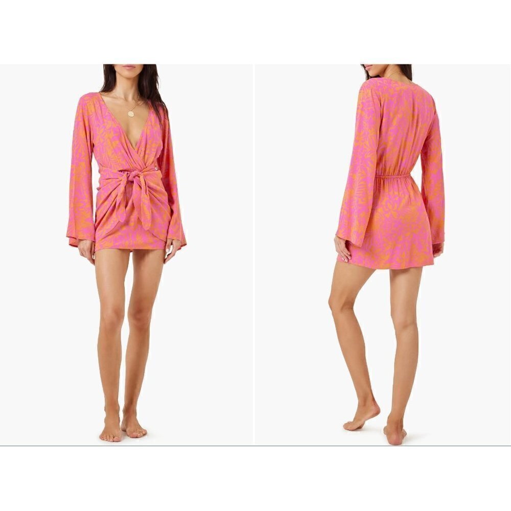 New L Space Size SM Kristy Long Sleeve Faux-Wrap Cover-Up Dress Path To Paradise